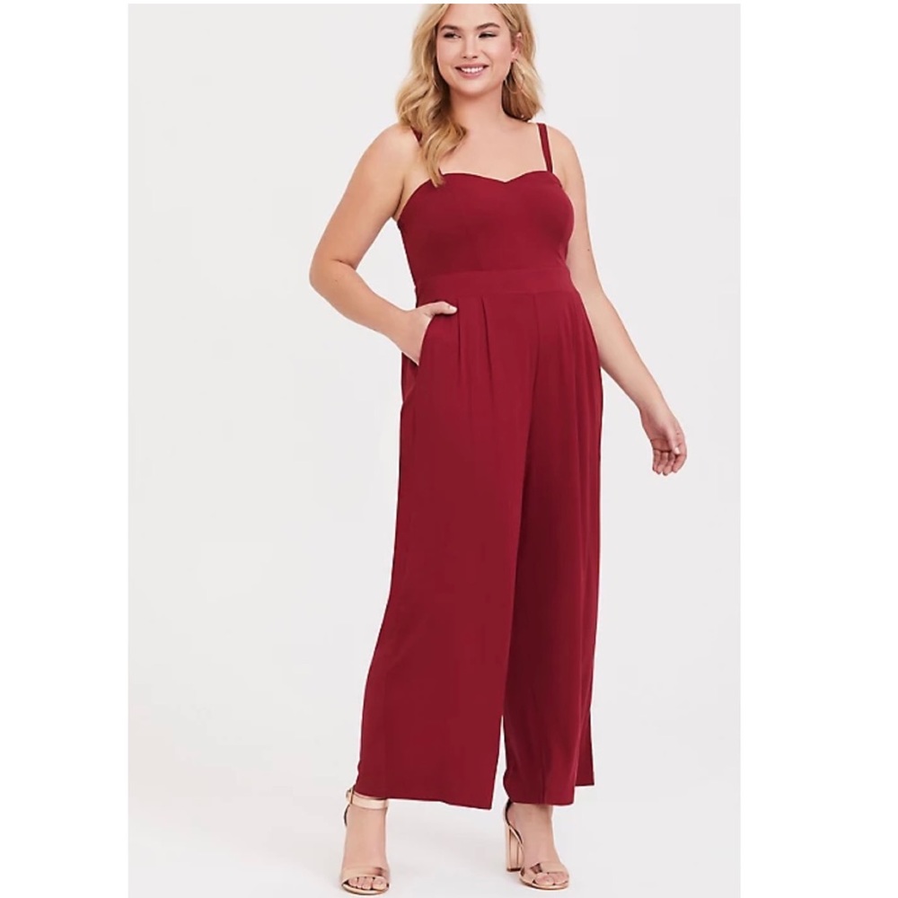 Torrid Wine Red Challis strapless wide leg jumpsuit size 00